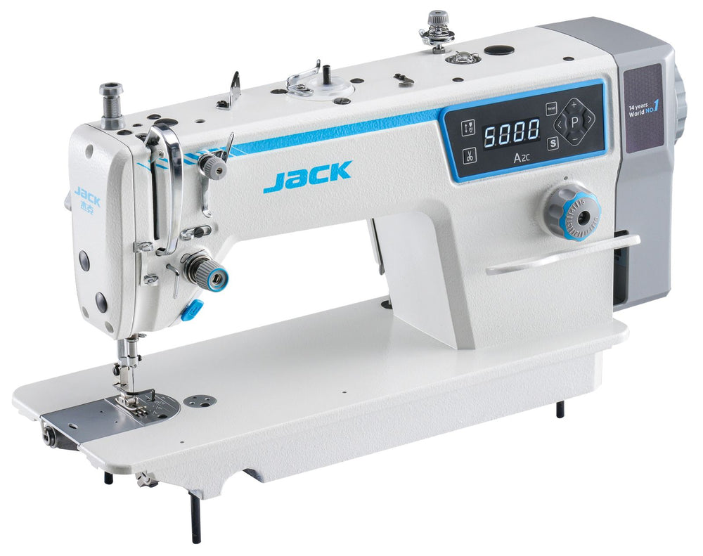 Jack A2C lockstitch machine – 5,000 SPM max speed, automatic thread trimmer, 5.5 Nm torque, voltage range 110V–295V, computerized panel.